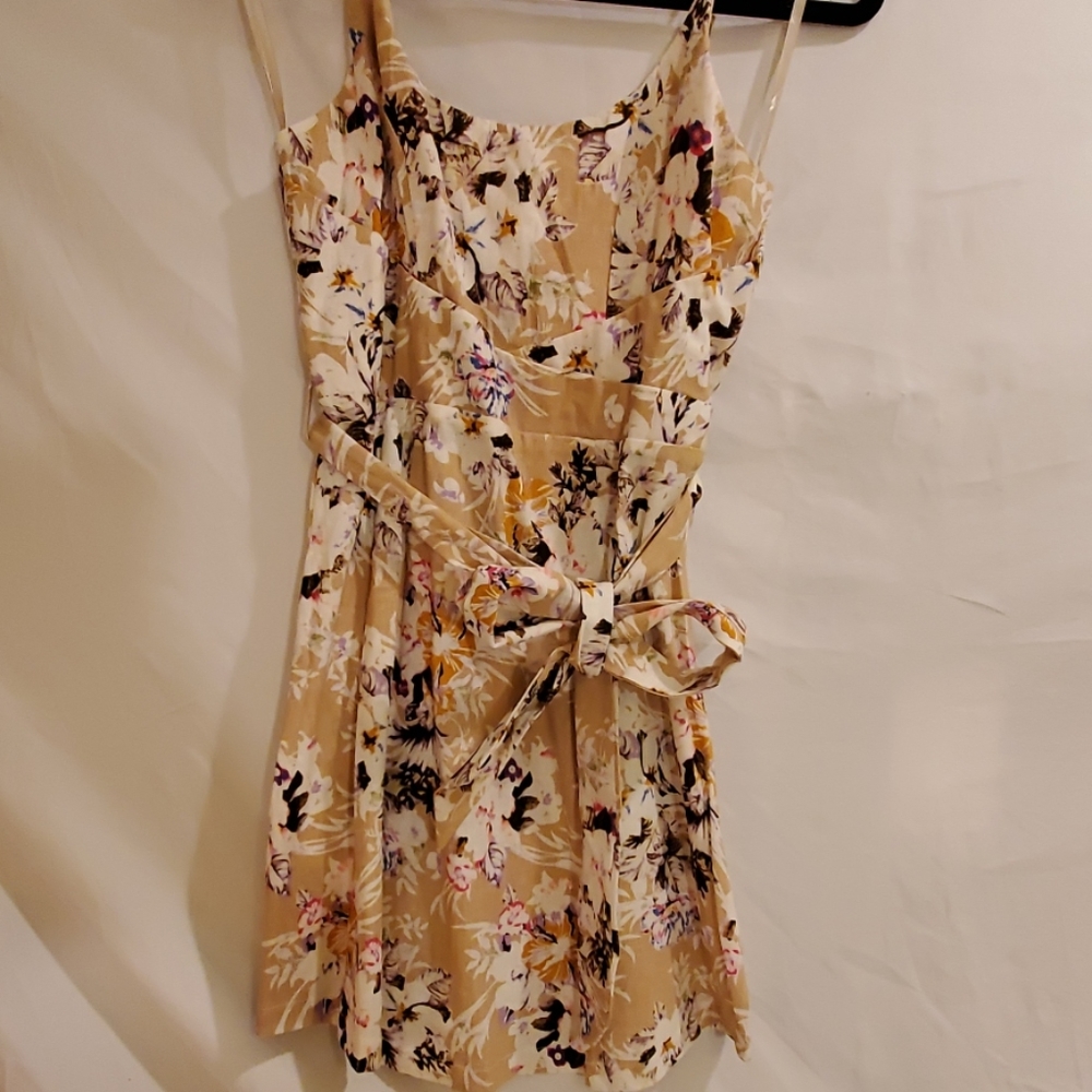 BRAND NEW Mini dress with tie, tan neon tropical